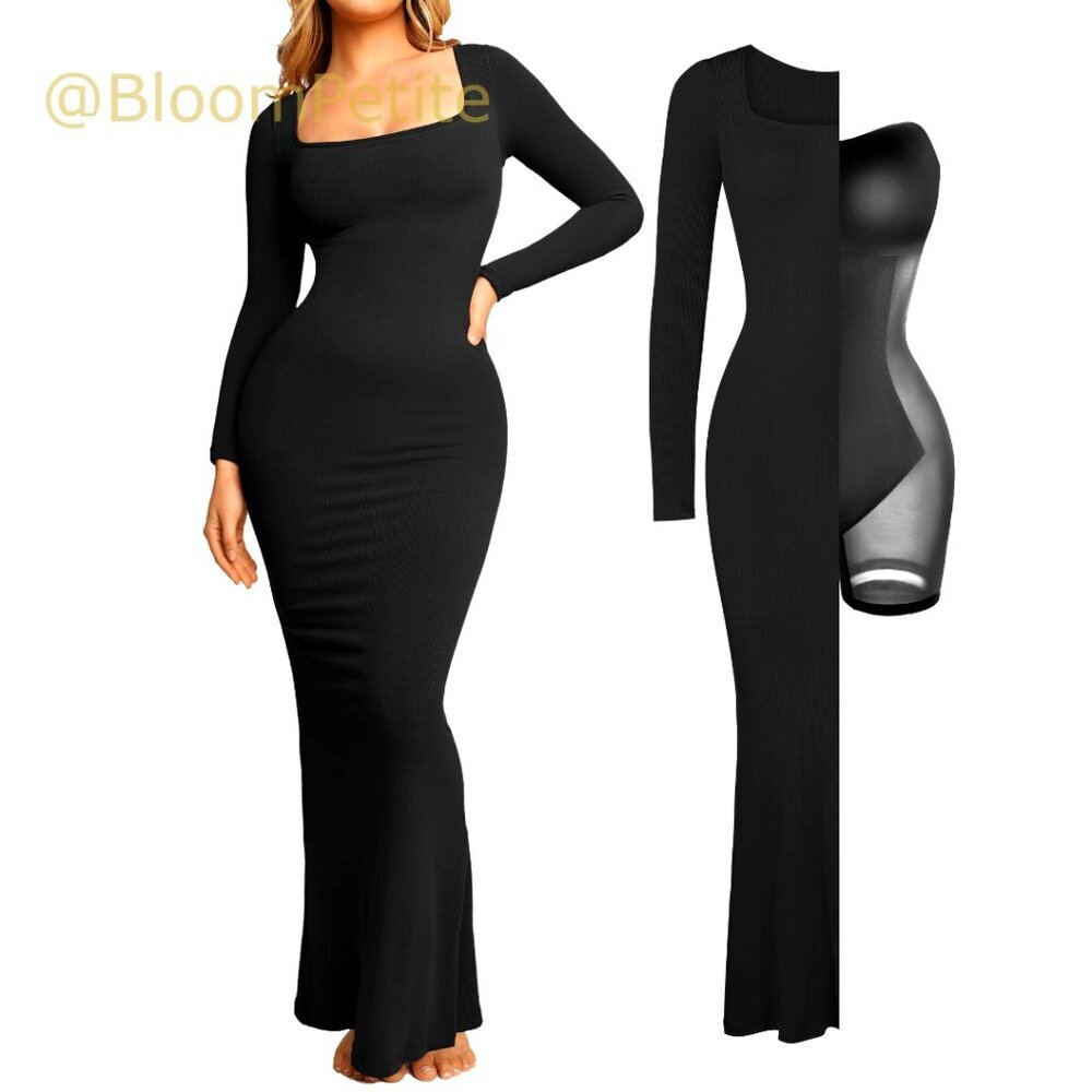 Long Sleeve Maxi Dress with Built-in Shapewear Bra Modal Fabric